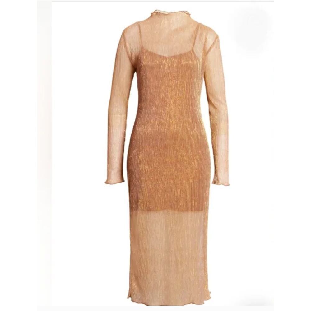 Leith Champagne Gold Long Sleeve Sheer Midi Dress Size 1X NWT Party Holiday NYE